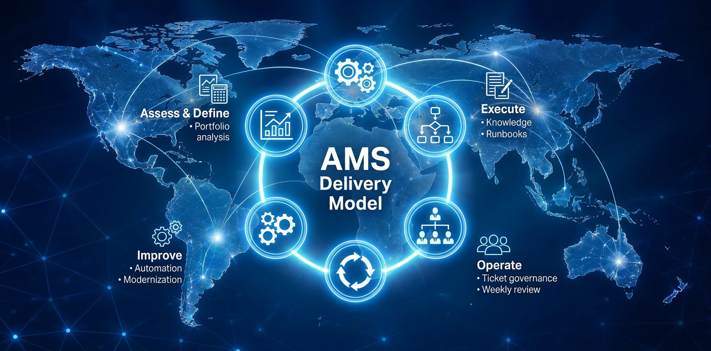 Application Managed Services delivery model and governance — assess, define, execute transition, operate AMS pod, and continuously improve