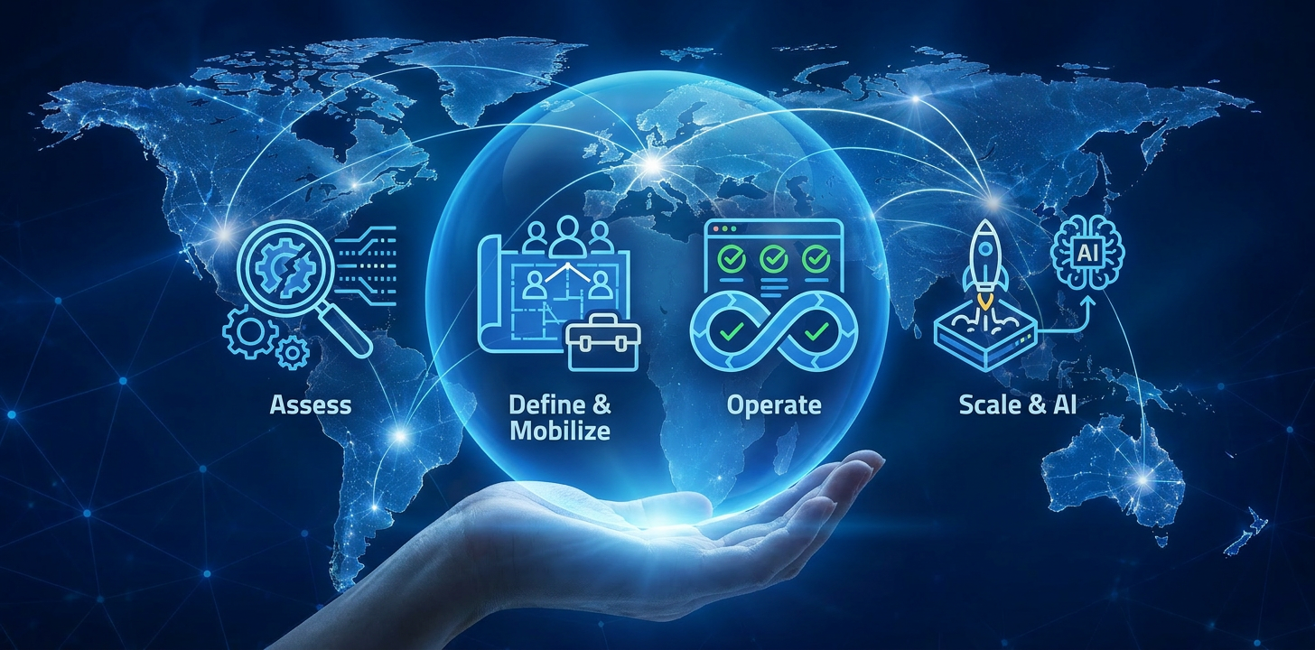 Data & Analytics Intelligence delivery model — assess, define and mobilize, operate, scale and AI