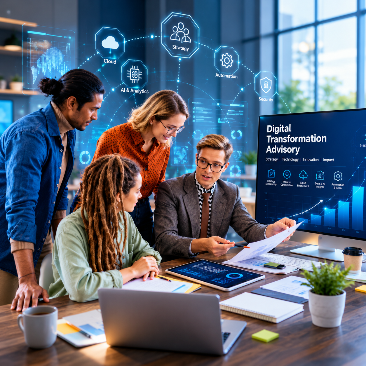 Digital Transformation Advisory service lines — transformation assessment, digital roadmap design, and managed services readiness