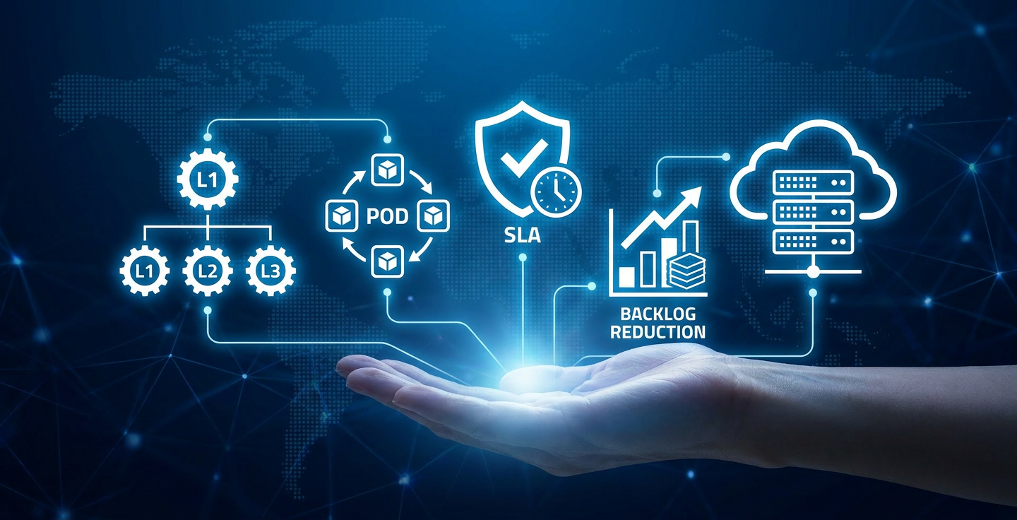 Application Managed Services — L1/L2/L3 support, managed application pods, SLA frameworks, backlog reduction, and enterprise platform support